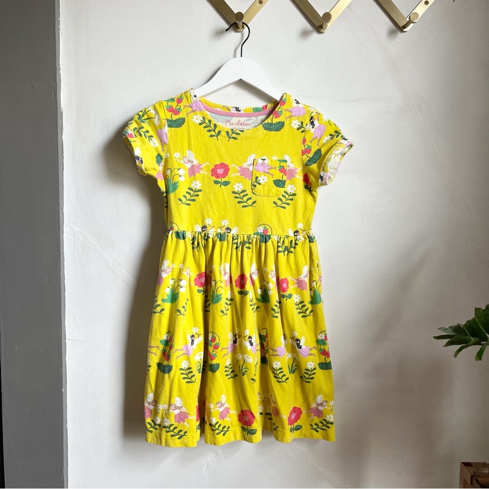 Mini Boden Fun Jersey Dress in Sweetcorn Yellow Fairies